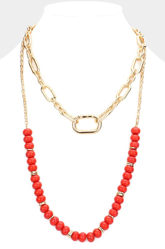 Red Bead & Gold Oval Link Necklace