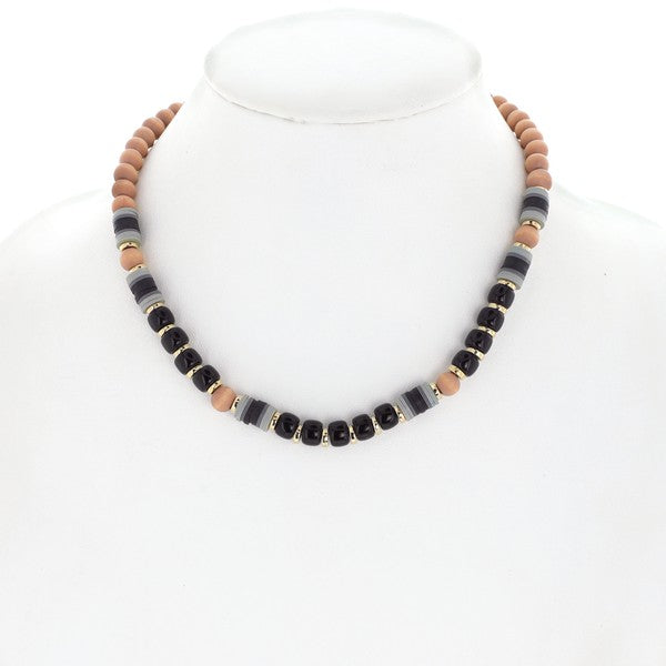 Boho Wood Bead w/ Gray & Black Accents Necklace