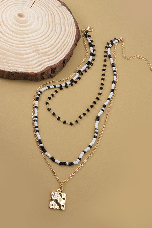 Black & White Bead w/ Gold Square Pendant Necklace