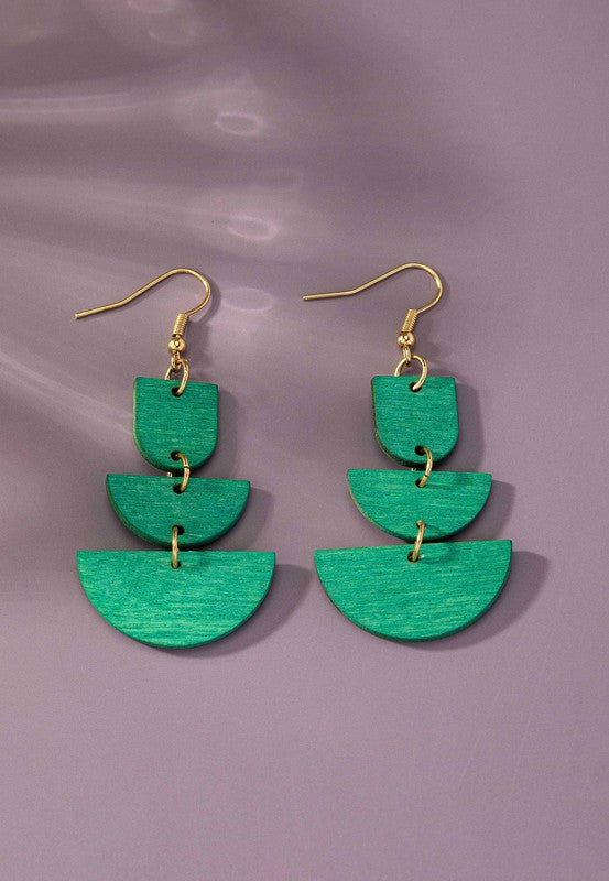 Green Wood 3-Tier Geo Drop Earrings