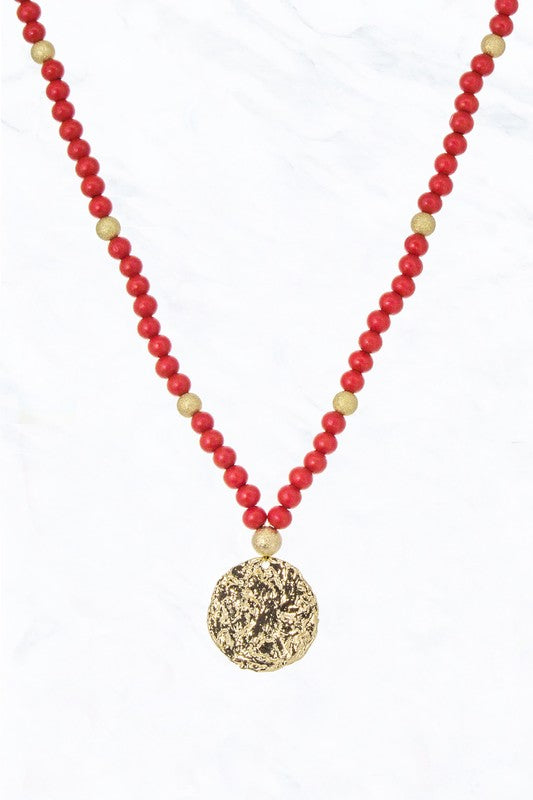 Red & Gold Wood Bead Necklace w/ Gold Hammered Pendant