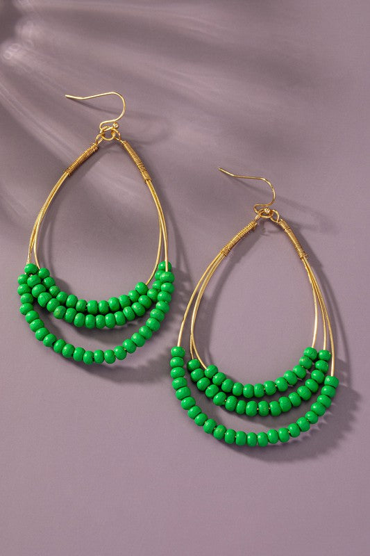 Three Layer Wood Bead Oval Hoop Earrings