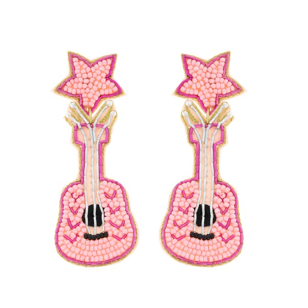 Pink Seed Bead Guitar Earrings