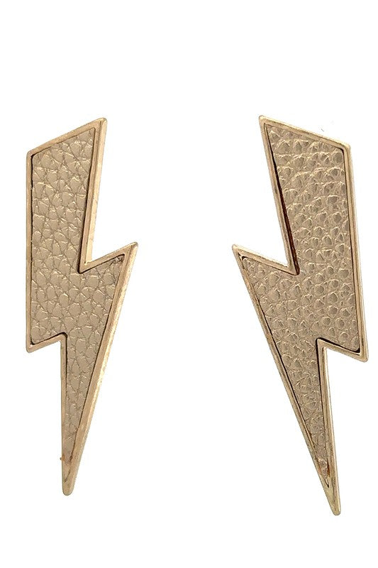 Gold Leather & Gold Lightning Bolt Earrings