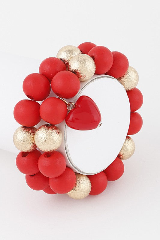Red & Gold Bead Bracelet w/ Dangle Heart