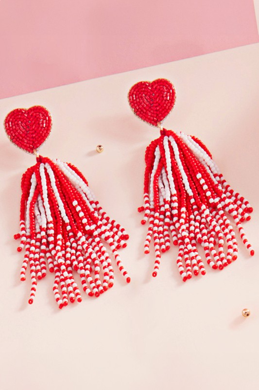 Heart Seed Bead Tassel Earrings