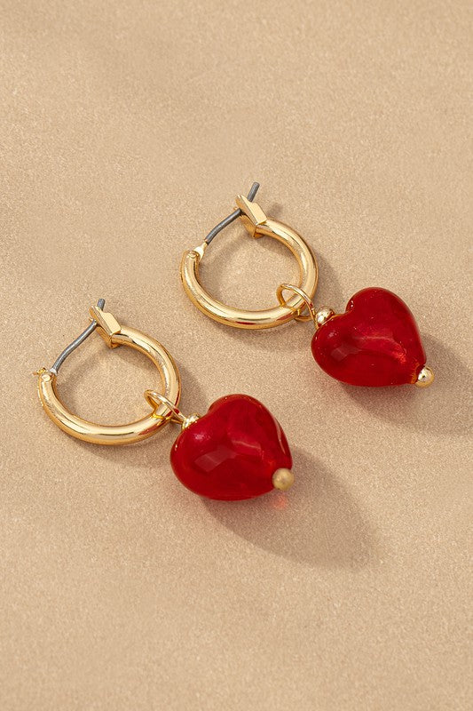 Red Glass Heart Drop Huggie Earrings