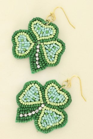 Seed Bead Shamrock Earrings w/ Crystal Touch