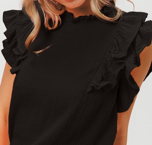 Black Crinkle Gauze Ruffle Sleeve Top