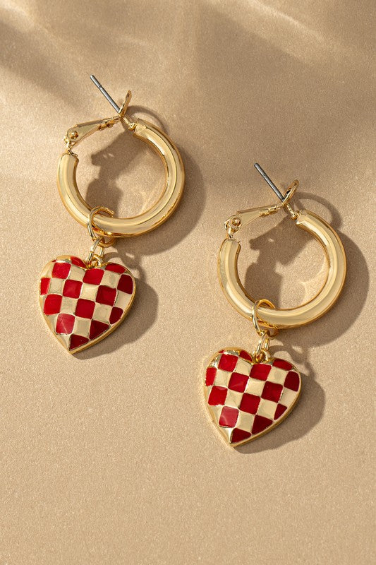 Red or White Checker Print Heart Drop Huggie Earrings