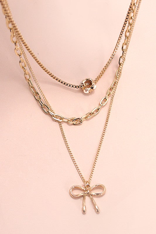 Multi-Layer Bow & Peal Necklace