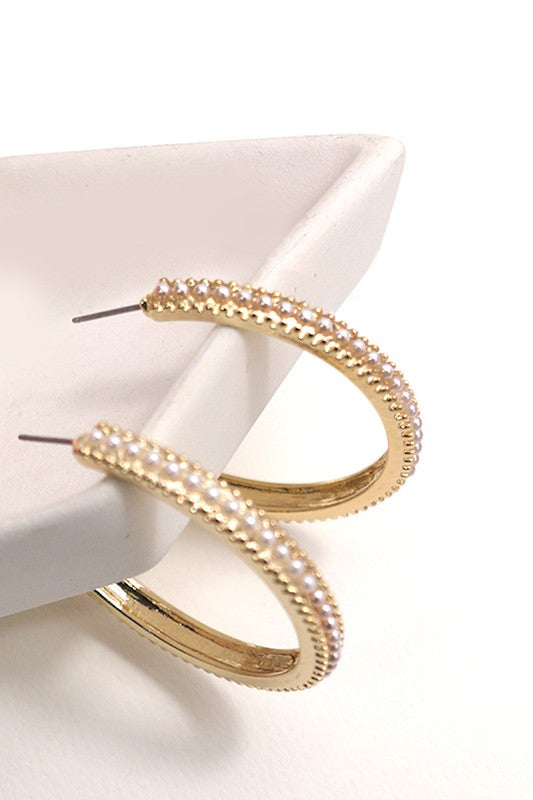 Pearl Pave Gold Stud Hoop Earrings