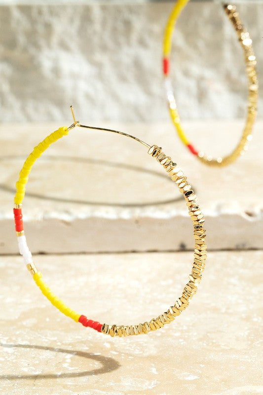 Red, Yellow, & White Seed Bead Hoop Earrings