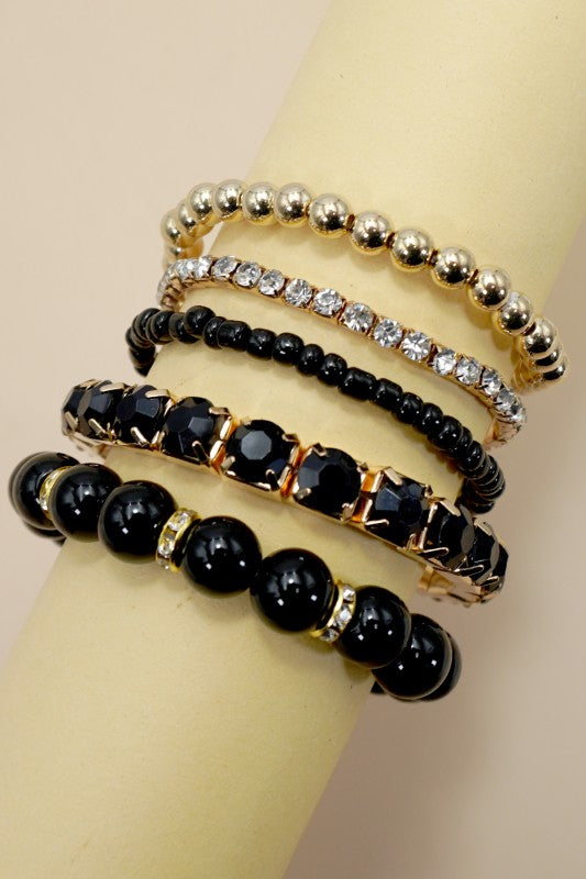 Black Bead & Rhinestone Mix Bracelet Set