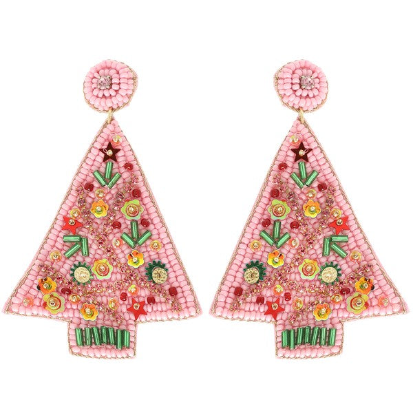 Pink Christmas Tree Seed Bead Earrings