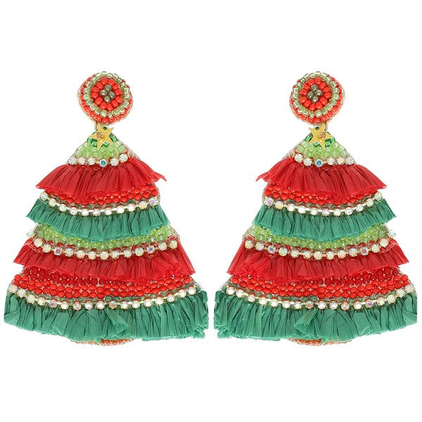 Red & Green Fray Christmas Tree Earrings