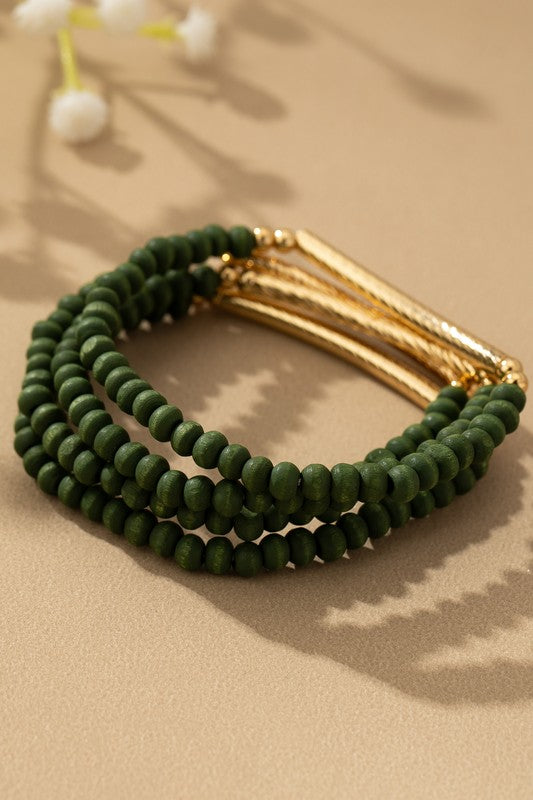 Wood Bead & Metal Tube Bracelets Sets