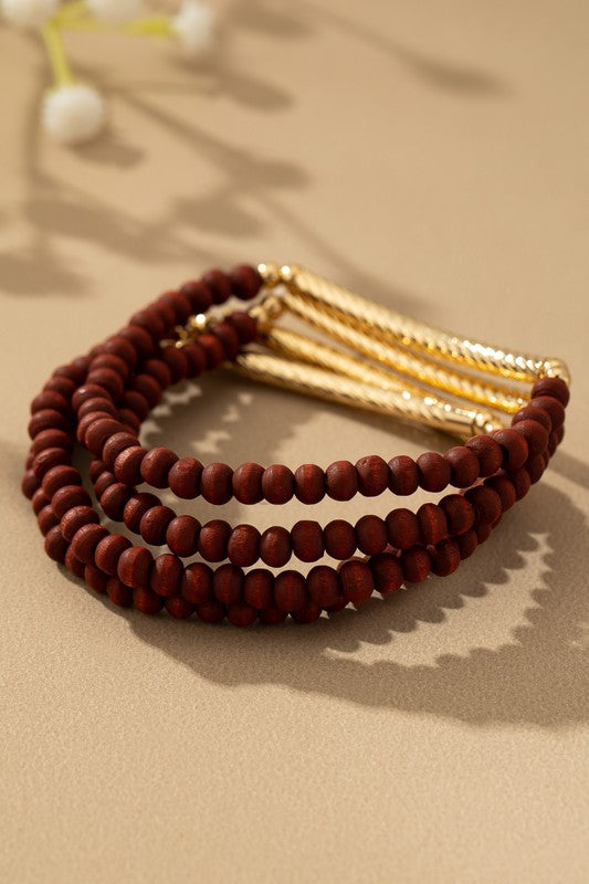 Wood Bead & Metal Tube Bracelets Sets