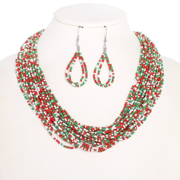 Red, Green, & White Seed Bead Twisted Necklace