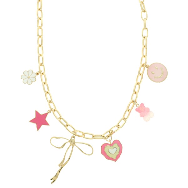 Gold Pink Theme Charm Link Necklace