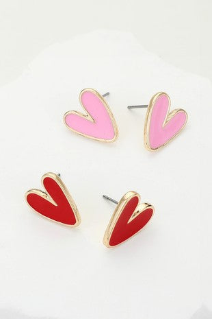 Pink/Red & Gold Heart Post Earrings