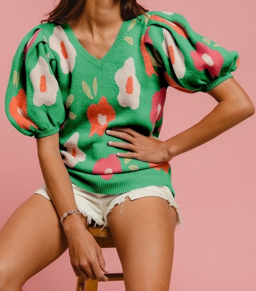 Emerald Floral V-Neck Sweater w/ Puff Sleeve