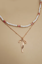 Load image into Gallery viewer, Double Layer Pearl &amp; Gold Bow Necklace
