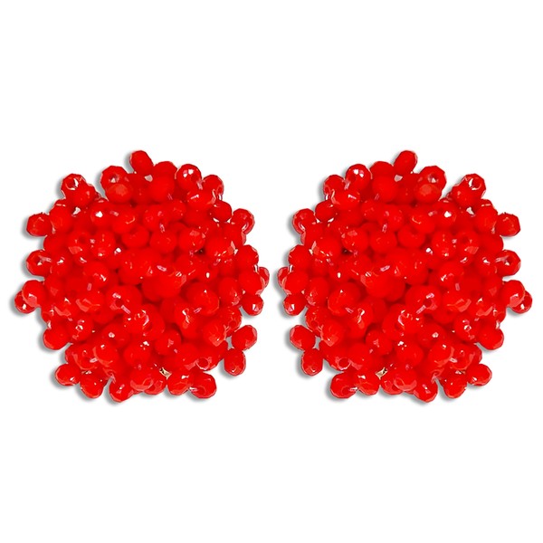 Red Bead Pom Pom Post Earrings