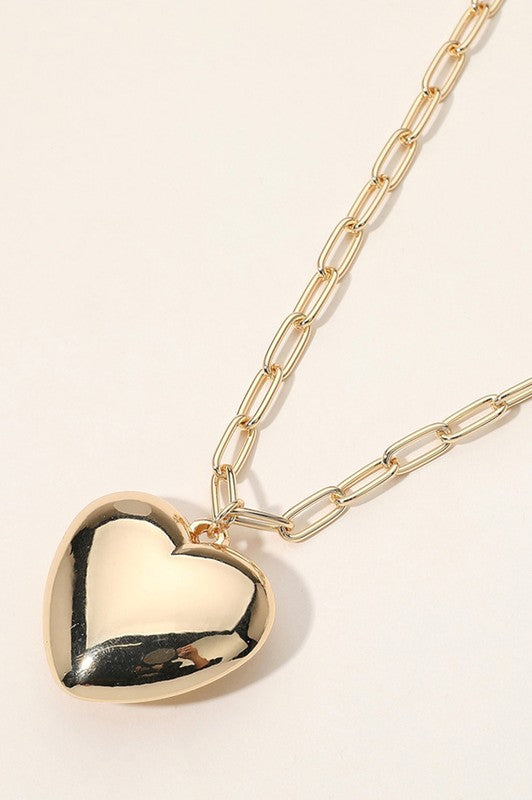 Puffy Metal Heart Pendant on Long Chain Necklace