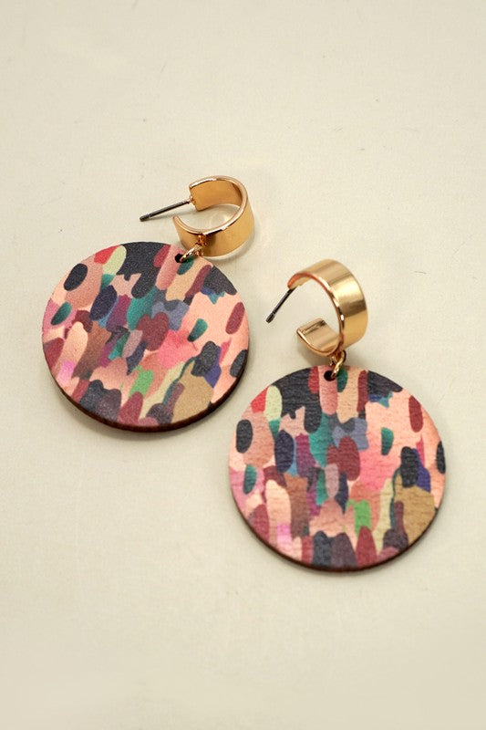 Multi-Color Wood Circle Drop Hoop Earrings