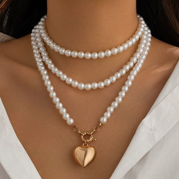 Multi-Wrap Pearl Beaded Necklace w/ Gold Heart Charm