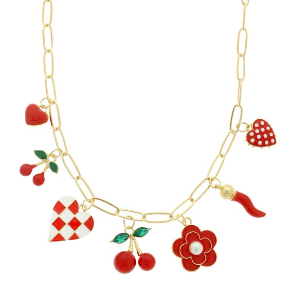 Red Heart & Cherry Theme Charm Necklace Set