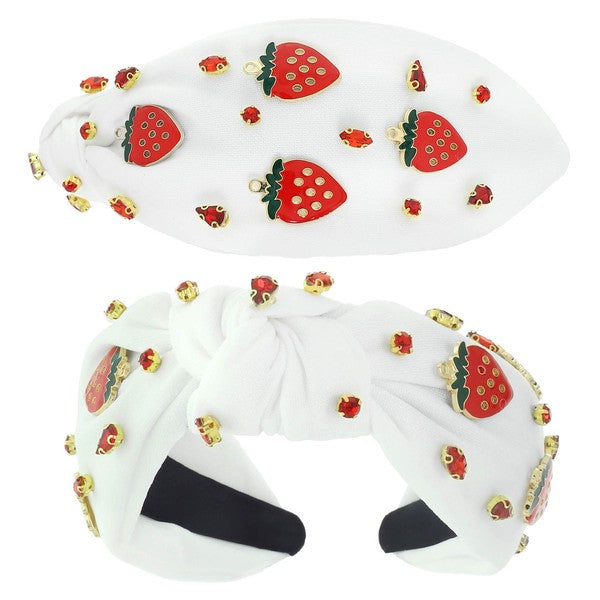 White Headband w/ Strawberry & Red Crystal Charms