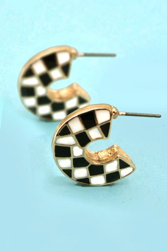 B&W Checker Hoop Huggie Earrings