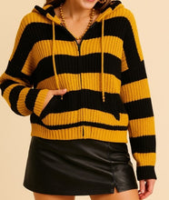 Load image into Gallery viewer, Gold &amp; Black Stripe Knit Hoodie Sweater
