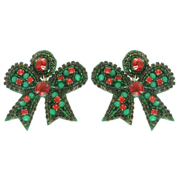 Red & Green Seed Bead Bow Earrings