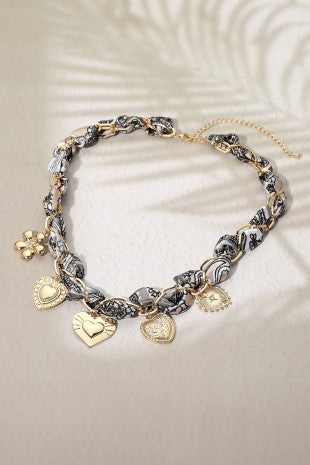B&W Fabric Chain Charm Necklace