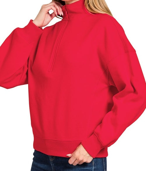 Red Fleece High Neck Half Zip-Up Sweatshirt