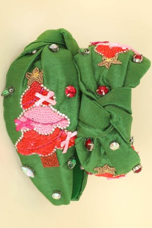 Green Satin Christmas Seed Bead Headband