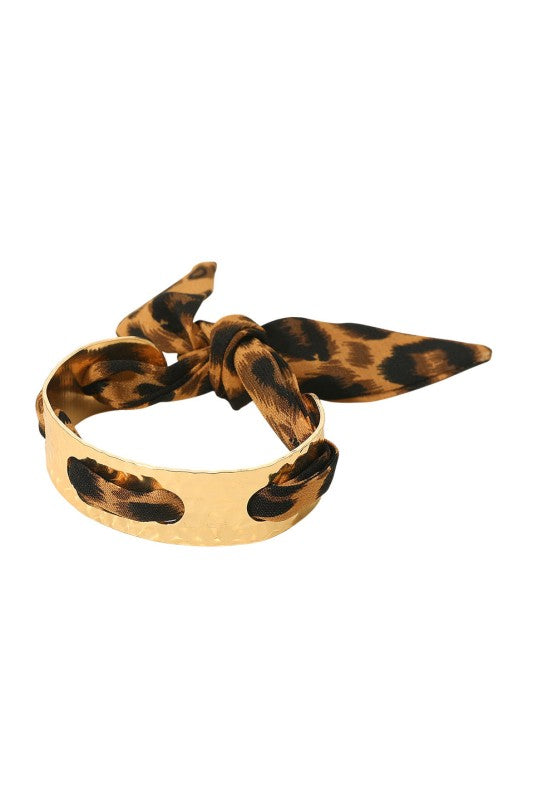 Animal Print Fabric & Hammered Metal Tie Bracelet