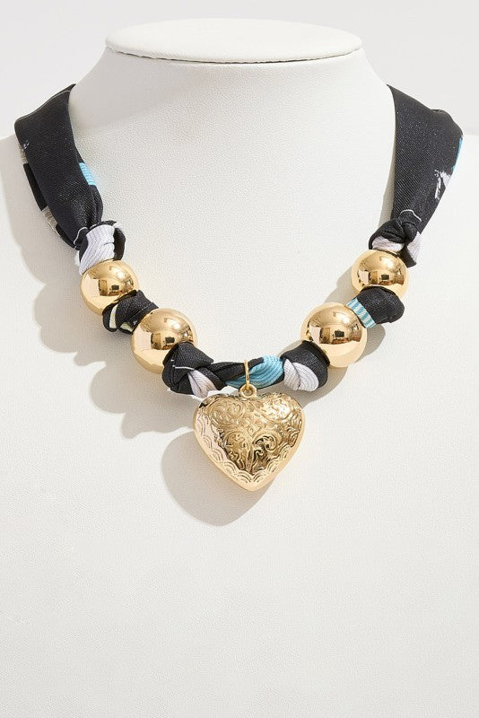 Scarf Necklace w/ Beads & Heart Charm