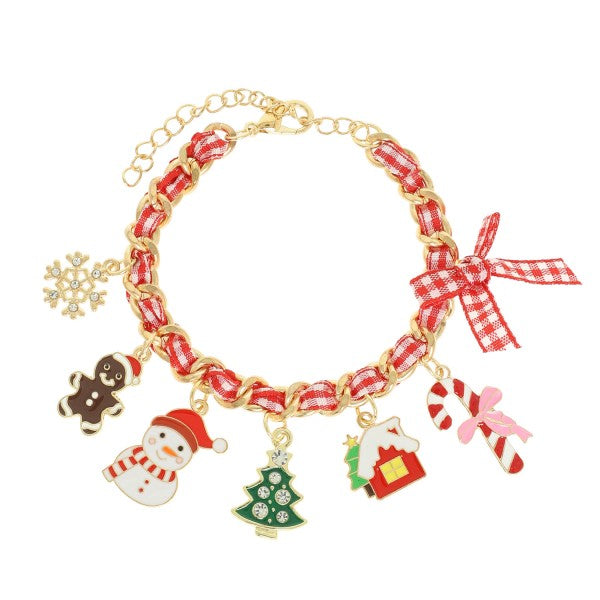 Red Checker Material & Gold Chain Christmas Charm Bracelet