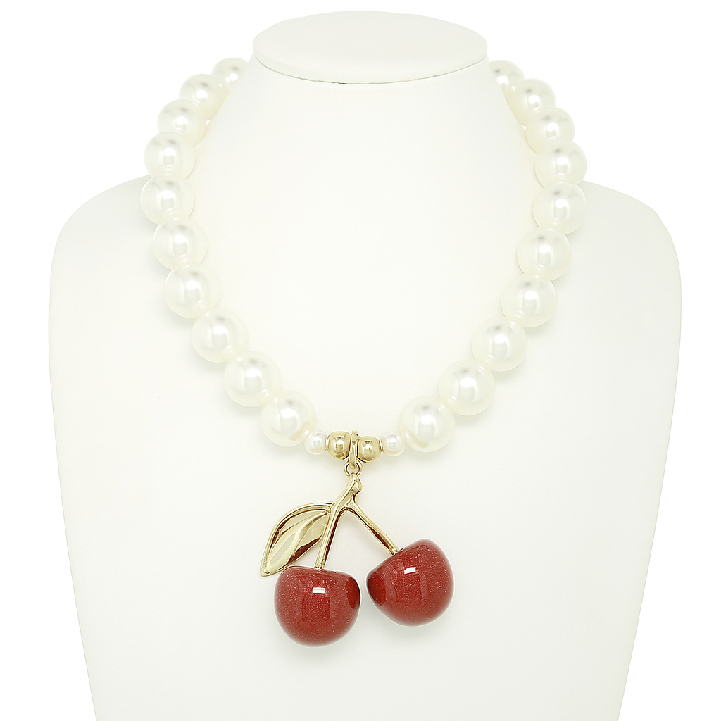 Large Pearl Necklace w/ Large Cherry Charm