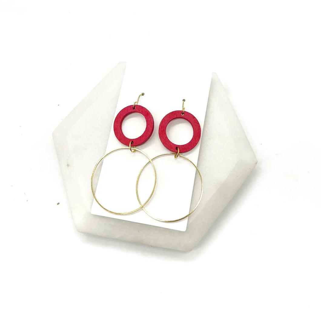 Red Wood & Gold Metal Circle Dangle Earrings