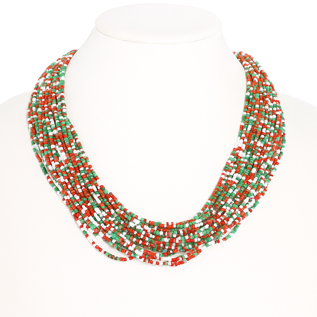 Red, Green, & White Seed Bead Twisted Necklace