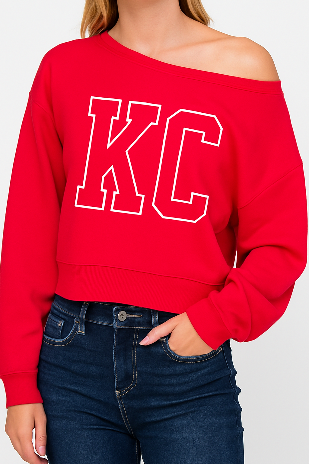 Red KC Off-Shoulder Crop Sweatshirt