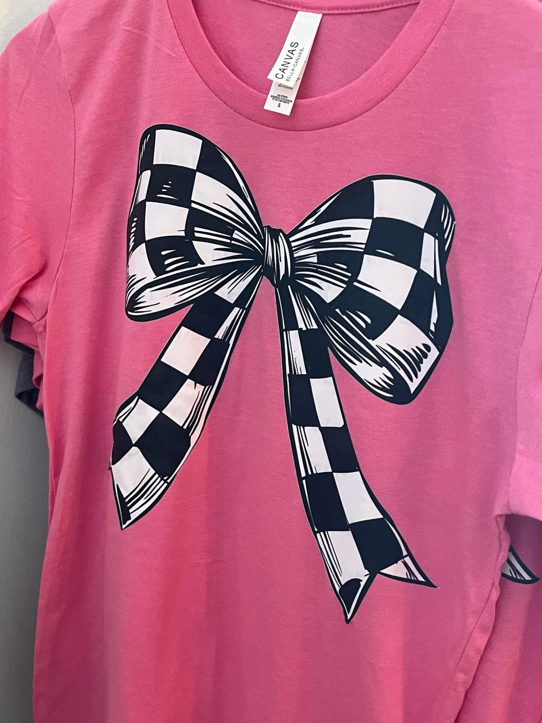 Black & White Checker Bow Pink T-Shirt