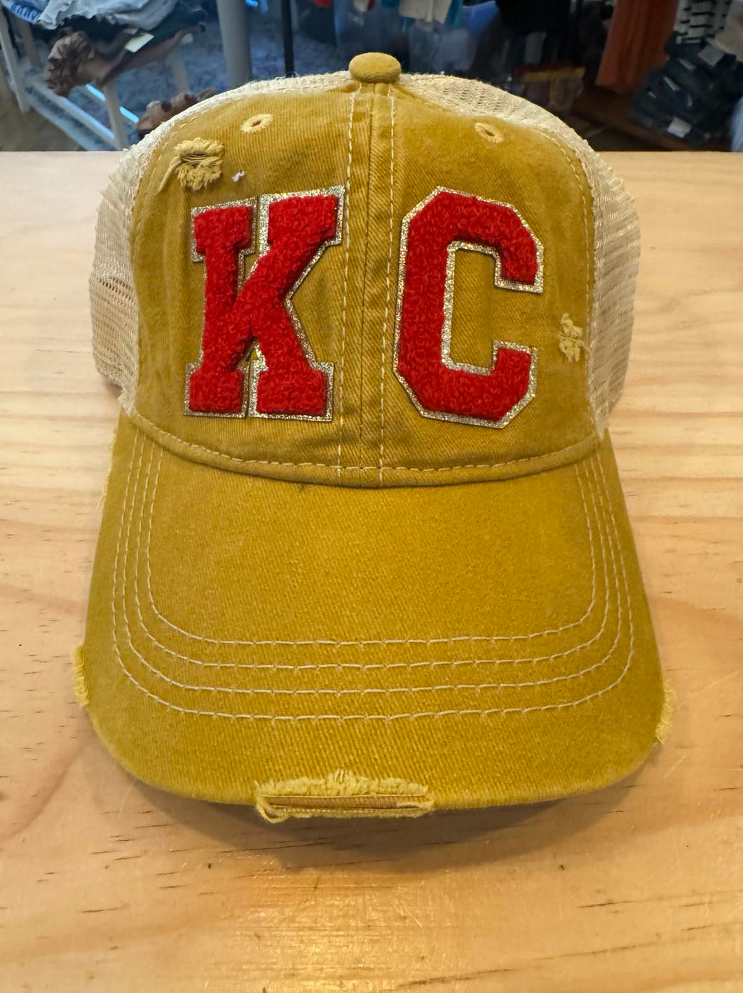 Mustard w/ KC Red Letter Football Baseball Cap