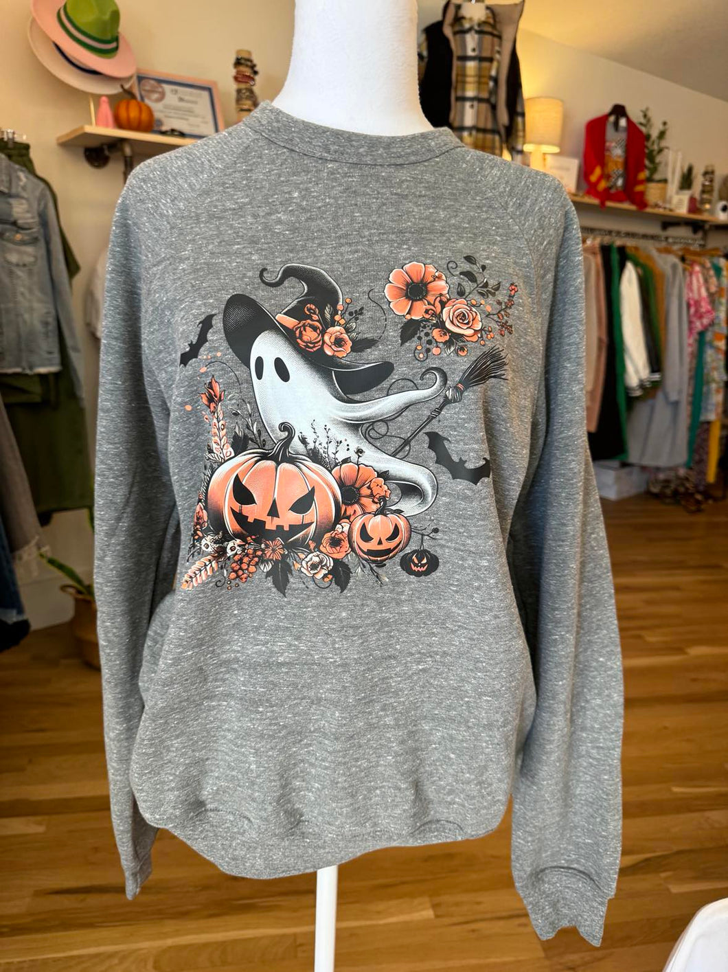 Ghost on a Broom Gray Sweatshirt