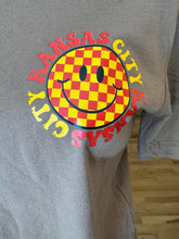 Load image into Gallery viewer, Red &amp; Yellow KC Smiley Face Vintage Brown Tee
